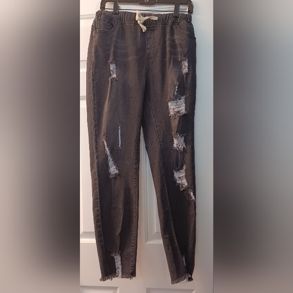 Faded Black Hi-Rise Distressed Destructed Elastic Waist Baggy Frayed Jeans Pants - Picture 15 of 15